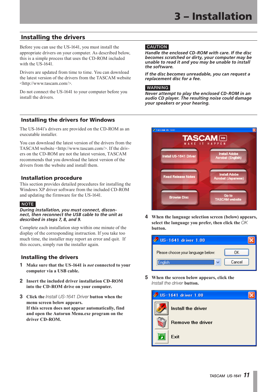 Installing the drivers, Installing the drivers for windows, Important safety instructions | 3 – installation | Teac US-1641 User Manual | Page 11 / 28