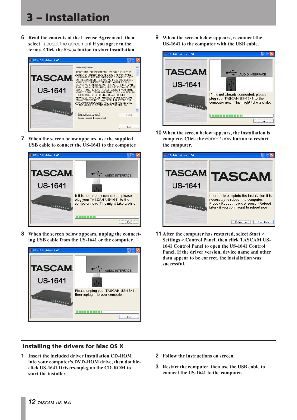 Installing the drivers for mac os x, Important safety precautions, 3 – installation | Teac US-1641 User Manual | Page 12 / 28