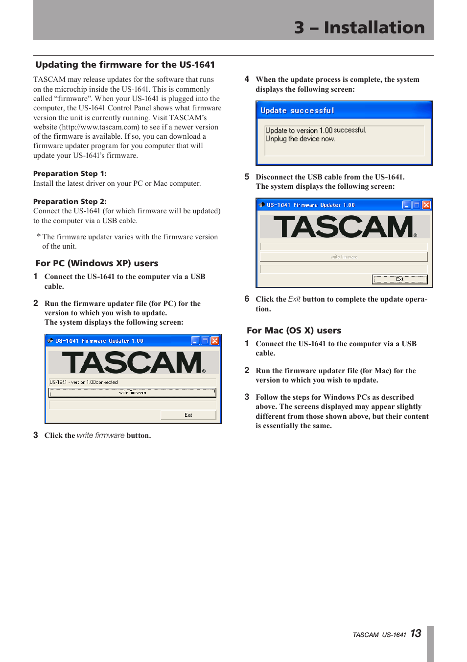 Updating the firmware for the us-1641, Important safety instructions, 3 – installation | Teac US-1641 User Manual | Page 13 / 28