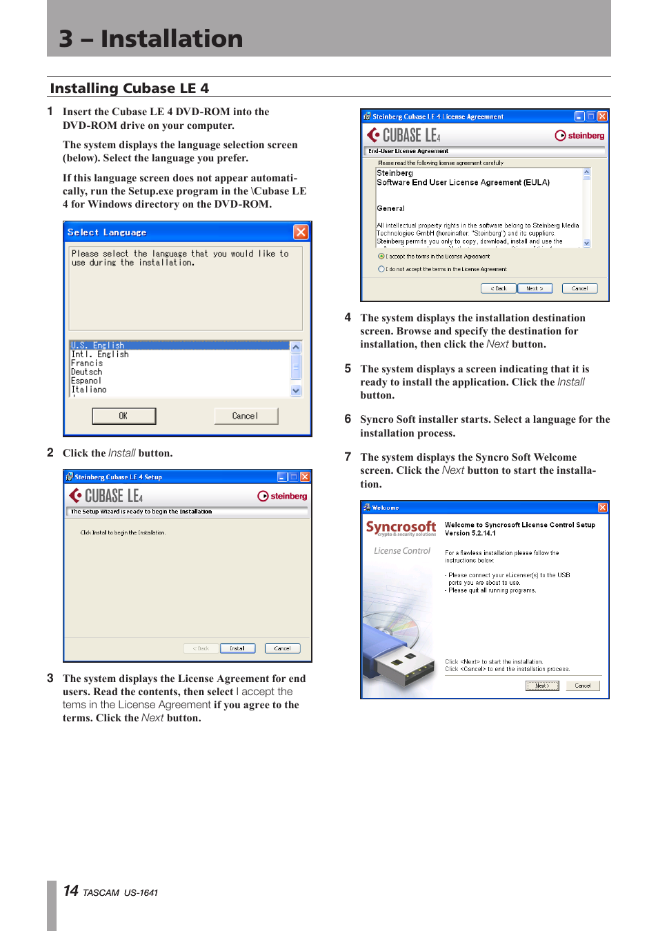 Installing cubase le4, Important safety precautions, 3 – installation | Teac US-1641 User Manual | Page 14 / 28