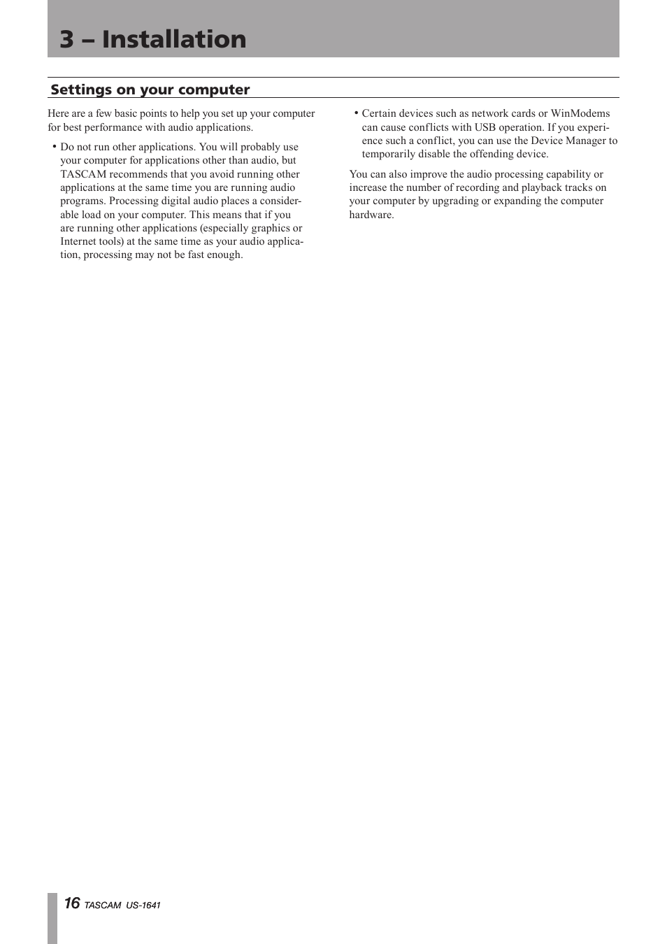 Settings on your computer, Important safety precautions, 3 – installation | Teac US-1641 User Manual | Page 16 / 28