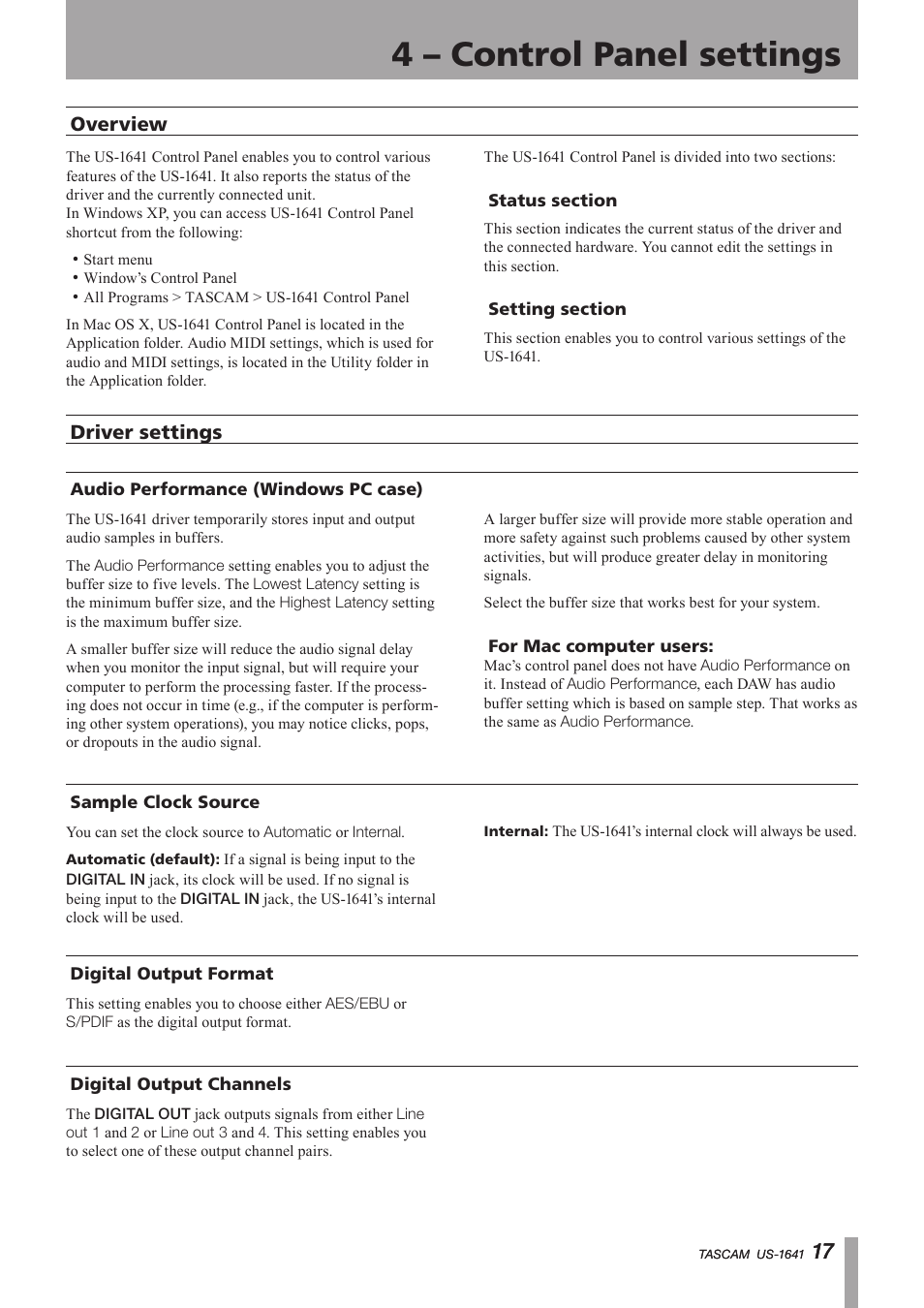 4 - control panel settings, Overview, Driver settings | Audio performance (windows pc case), Sample clock source, Digital output format, Digital output channels, Important safety instructions, 4 – control panel settings | Teac US-1641 User Manual | Page 17 / 28