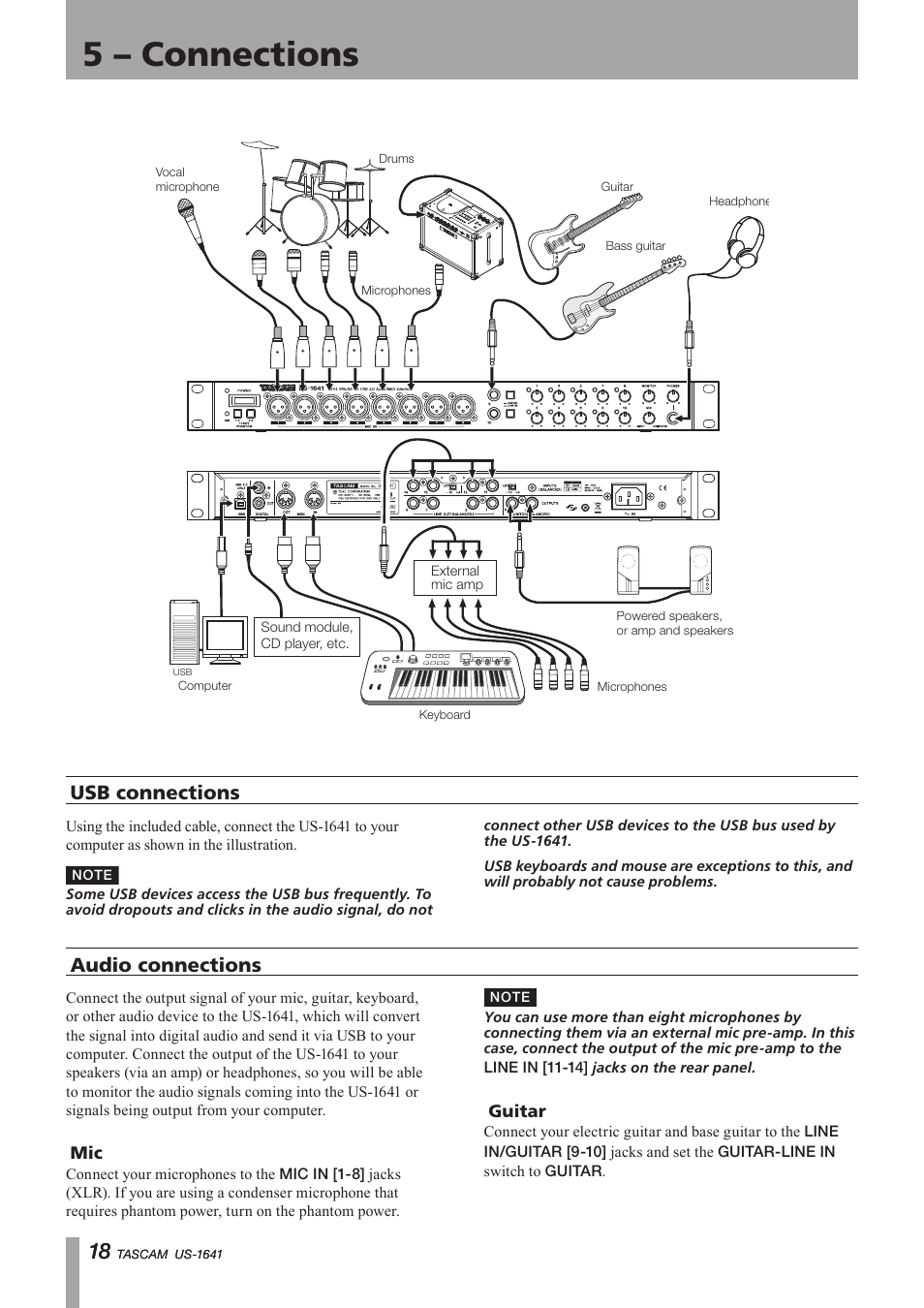 5 - connections, Usb connections, Audio connections | Guitar, Important safety precautions, 5 – connections | Teac US-1641 User Manual | Page 18 / 28