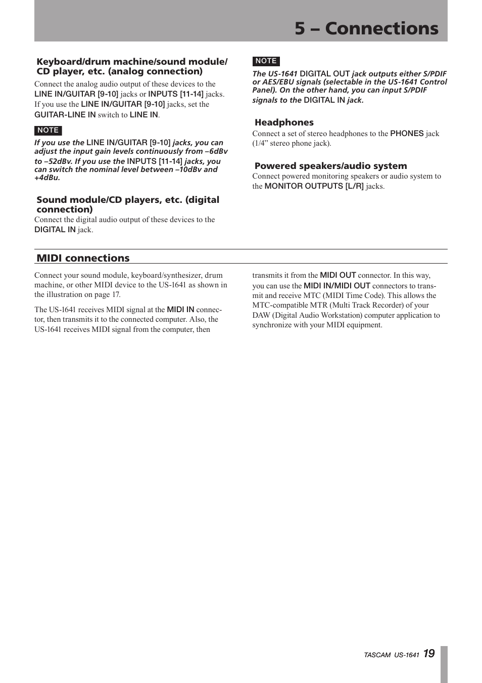 Sound module/cd players, etc. (digital connection), Headphones, Powered speakers/audio system | Midi connections, Important safety instructions, 5 – connections | Teac US-1641 User Manual | Page 19 / 28