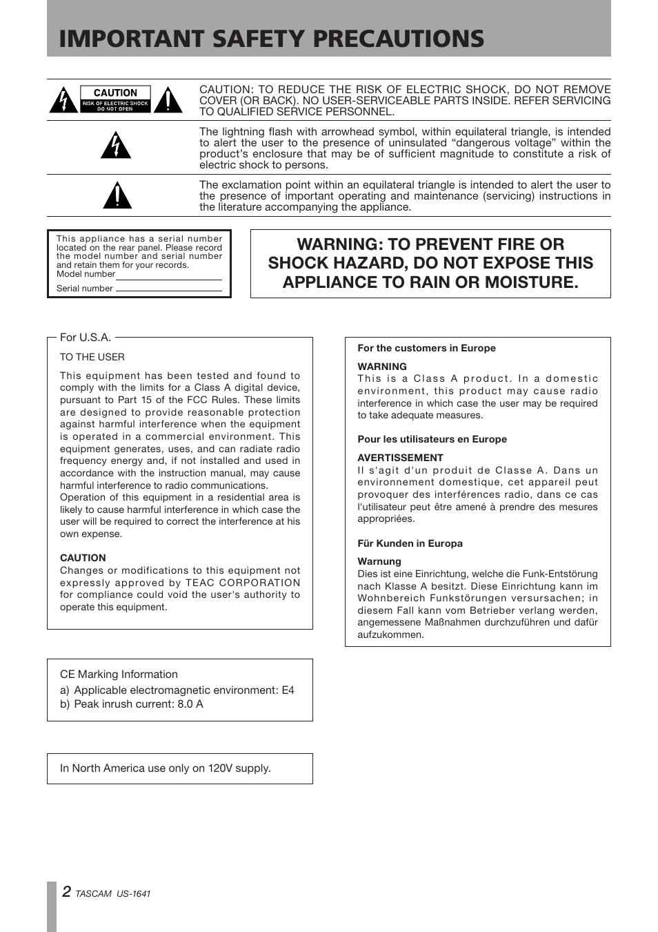 Important safety precautions | Teac US-1641 User Manual | Page 2 / 28