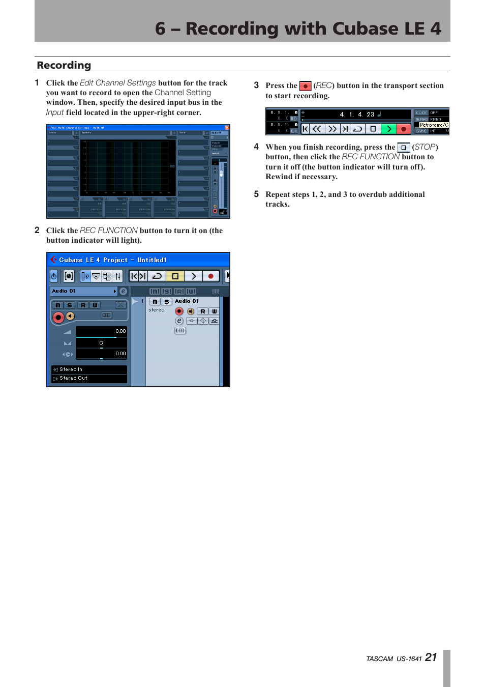 Recording, Important safety instructions, 6 – recording with cubase le 4 | Teac US-1641 User Manual | Page 21 / 28