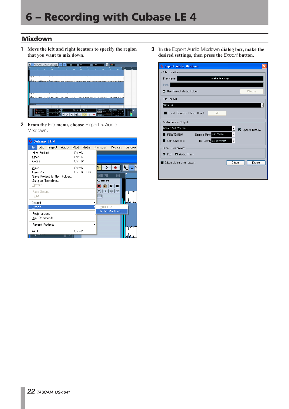 Mixdown, Important safety precautions, 6 – recording with cubase le 4 | Teac US-1641 User Manual | Page 22 / 28