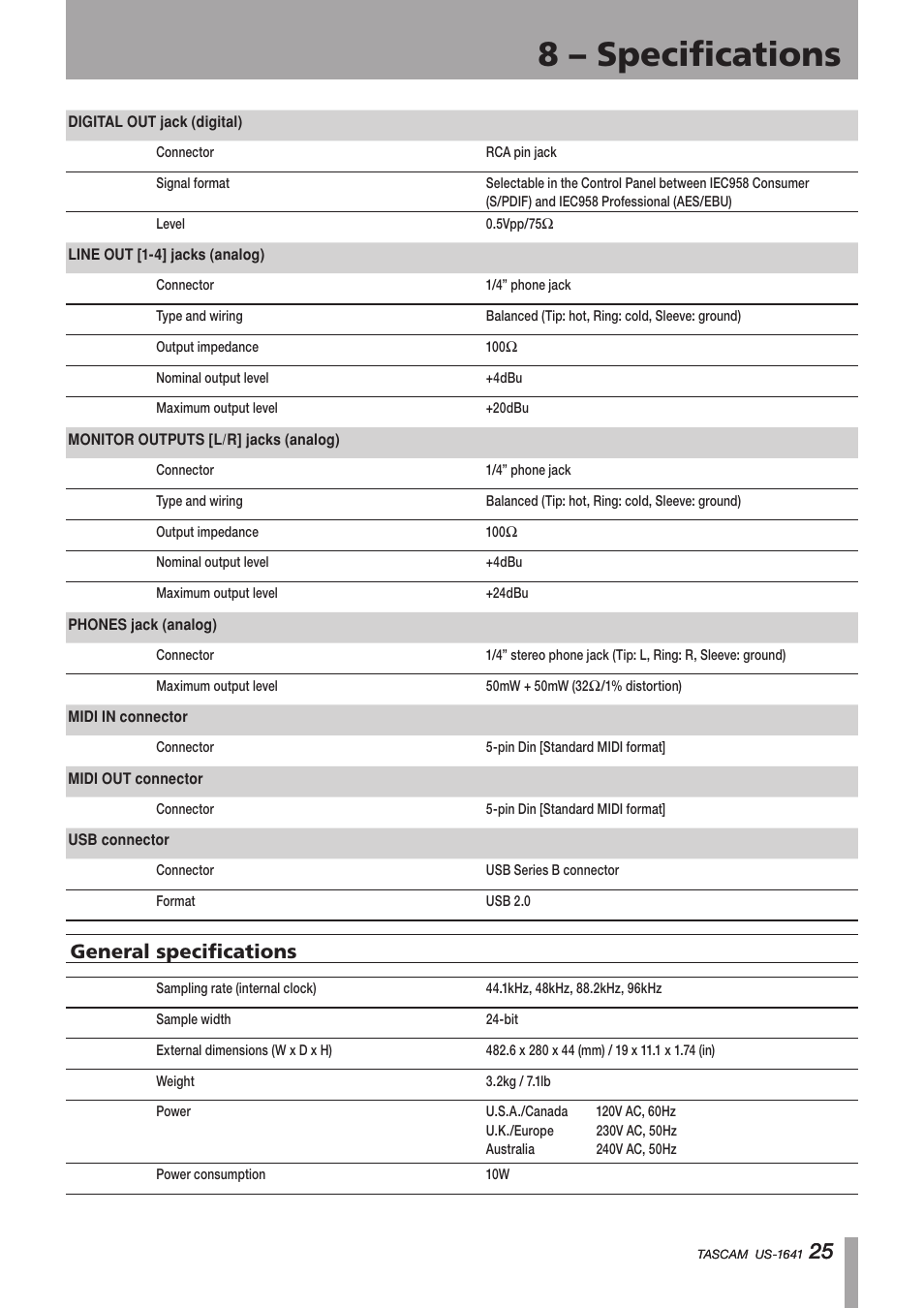 General specifications, Important safety instructions, 8 – specifications | Teac US-1641 User Manual | Page 25 / 28