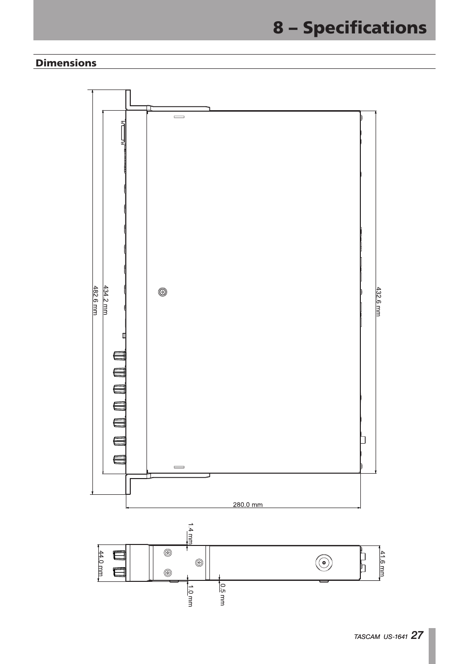 Dimensions, Important safety instructions, 8 – specifications | Teac US-1641 User Manual | Page 27 / 28