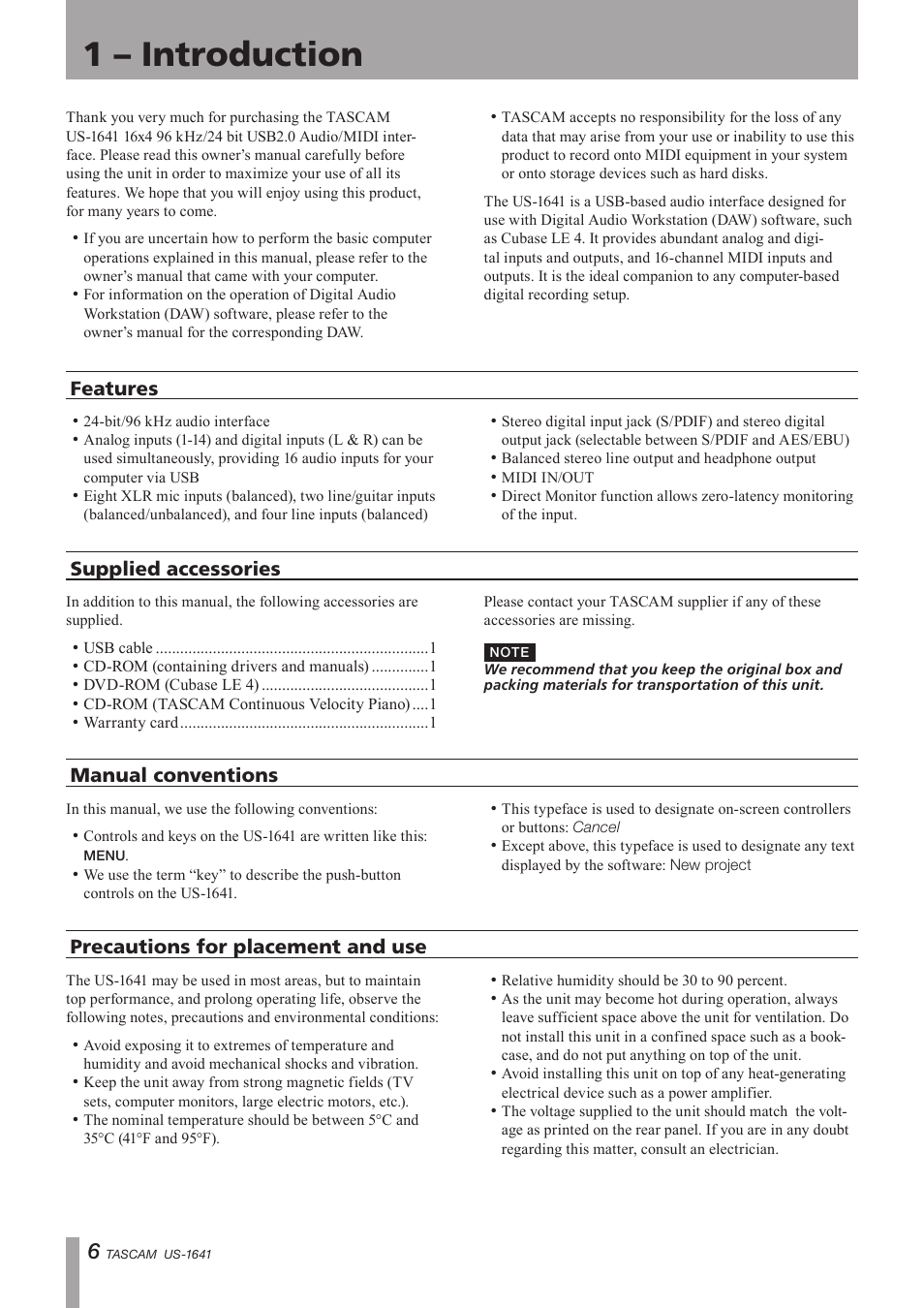 1 - introduction, Features, Supplied accessories | Manual conventions, Precautions for placement and use, Important safety precautions, 1 – introduction | Teac US-1641 User Manual | Page 6 / 28