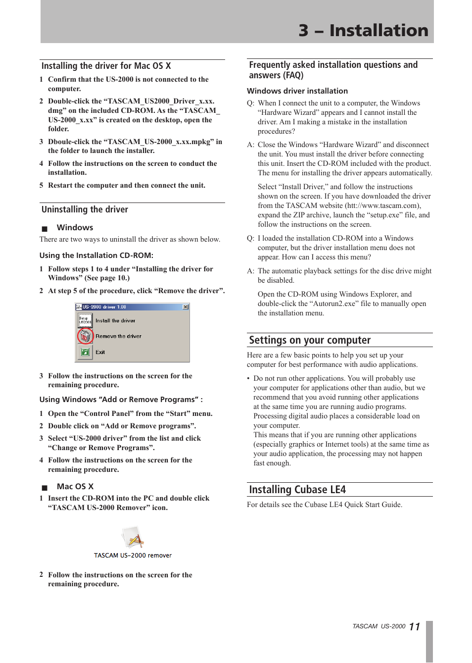 Installing the driver for mac os x, Uninstalling the driver, Settings on your computer | Installing cubase le4, Settings on your computer installing cubase le4, 3 − installation | Teac US-2000 User Manual | Page 11 / 24