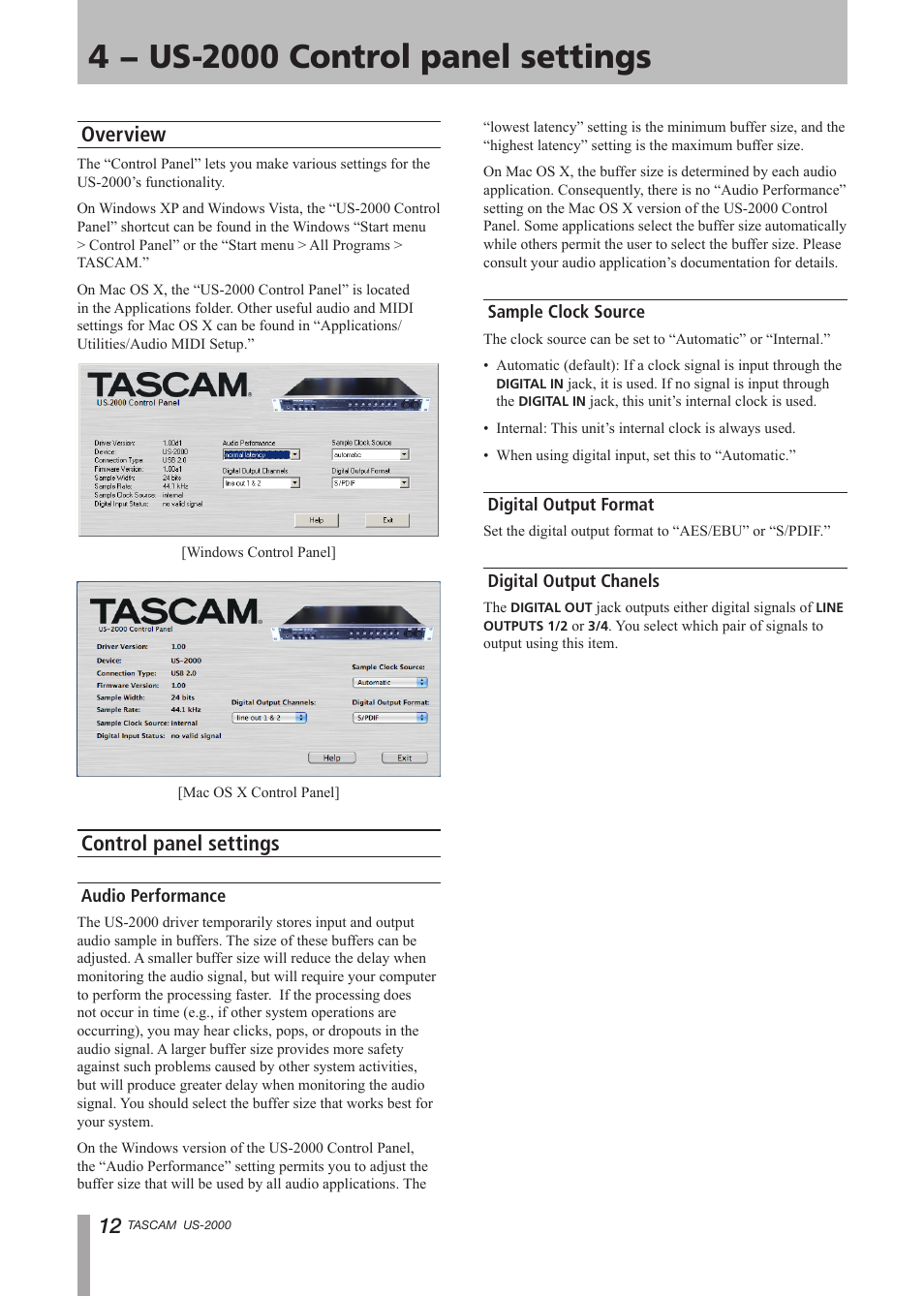 4 − us-2000 control panel settings, Overview, Control panel settings | Audio performance, Sample clock source, Digital output format, Digital output chanels, Overview control panel settings | Teac US-2000 User Manual | Page 12 / 24