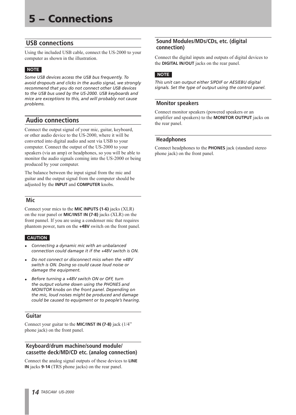 Usb connections, Audio connections, Guitar | Sound modules/mds/cds, etc. (digital connection), Monitor speakers, Headphones, Usb connections audio connections, 5 − connections | Teac US-2000 User Manual | Page 14 / 24