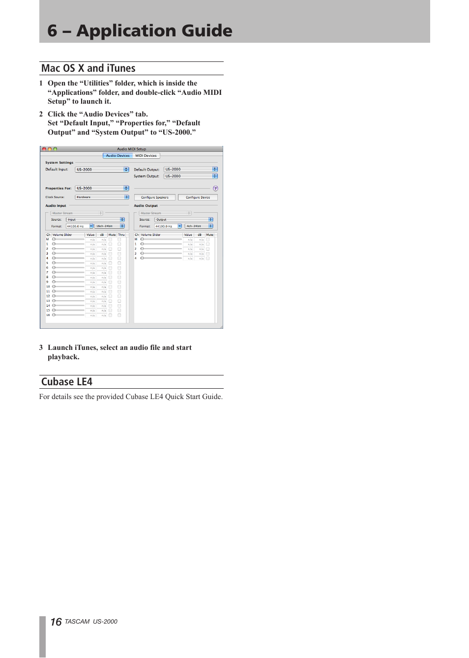 Mac os x and itunes, Cubase le4, 6 – application guide | Teac US-2000 User Manual | Page 16 / 24