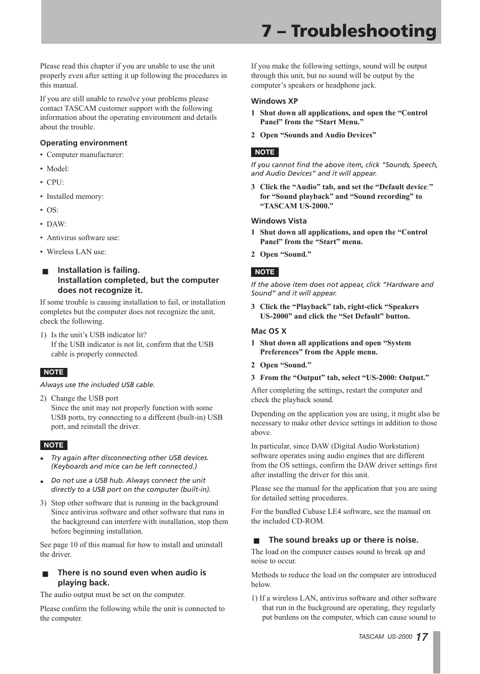 7 – troubleshooting | Teac US-2000 User Manual | Page 17 / 24