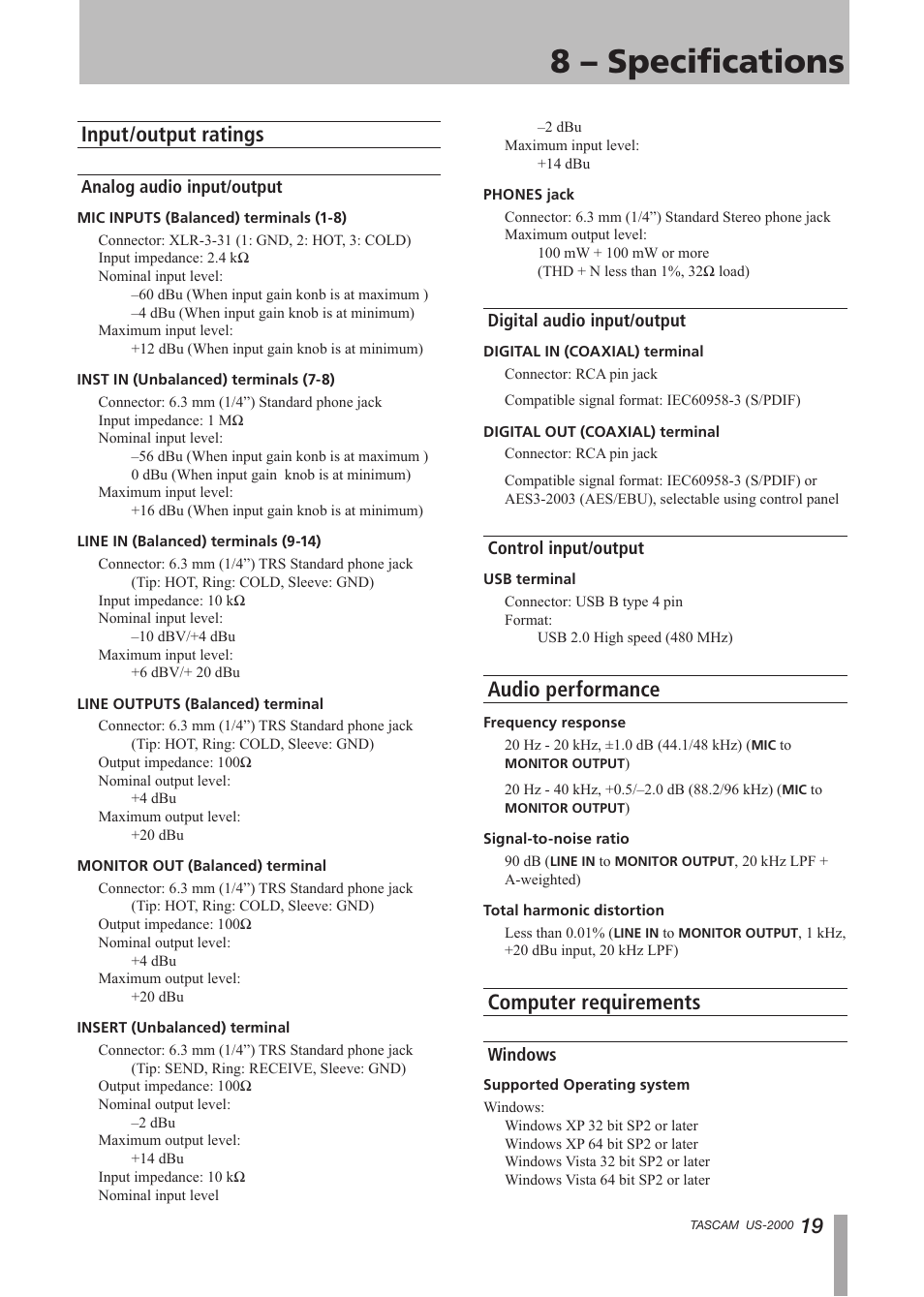 8 – specifications, Input/output ratings, Analog audio input/output | Digital audio input/output, Control input/output, Audio performance, Computer requirements, Windows, Audio performance computer requirements | Teac US-2000 User Manual | Page 19 / 24