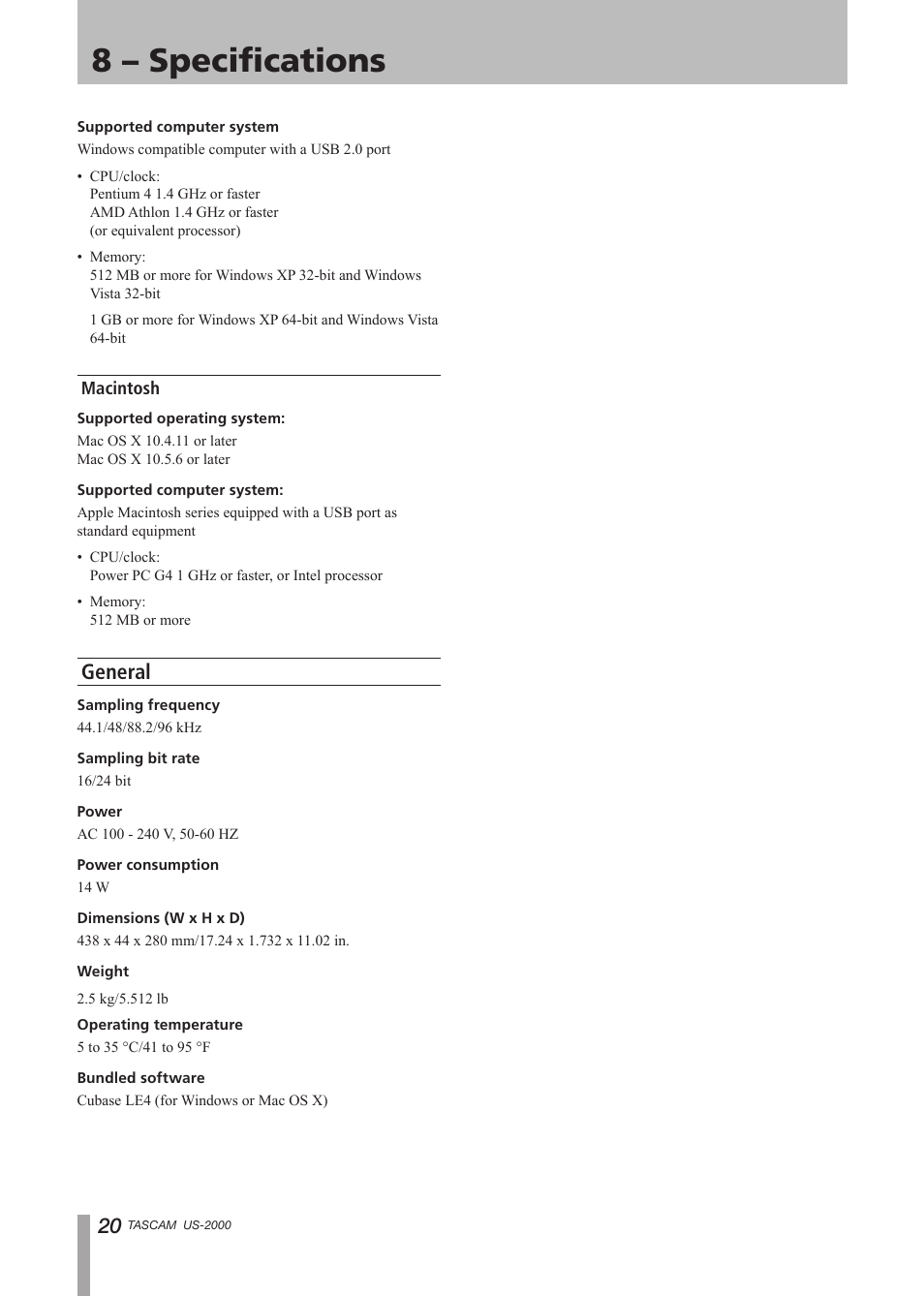 Macintosh, General, 8 – specifications | Teac US-2000 User Manual | Page 20 / 24