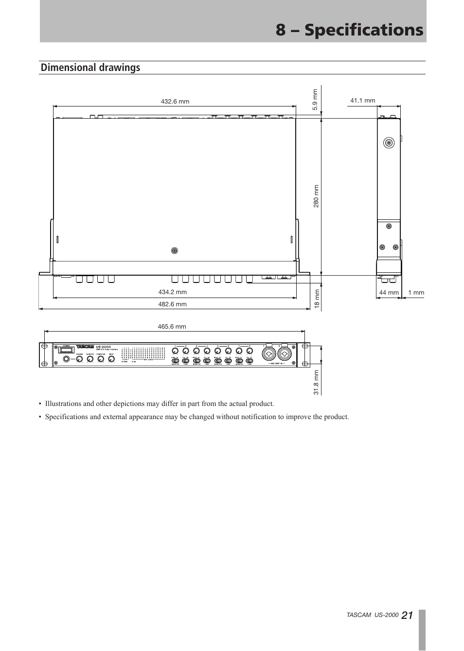 Dimensional drawings, 8 – specifications | Teac US-2000 User Manual | Page 21 / 24
