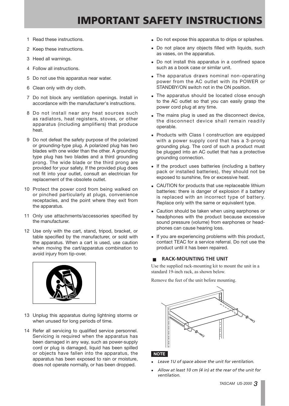 Important safety instructions | Teac US-2000 User Manual | Page 3 / 24