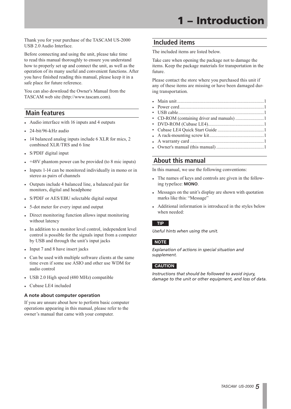 1 – introduction, Main features, Included items | About this manual, Main features included items about this manual, 1 − introduction | Teac US-2000 User Manual | Page 5 / 24