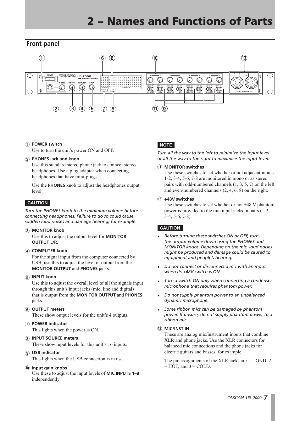 2 − names and functions of parts, Front panel | Teac US-2000 User Manual | Page 7 / 24