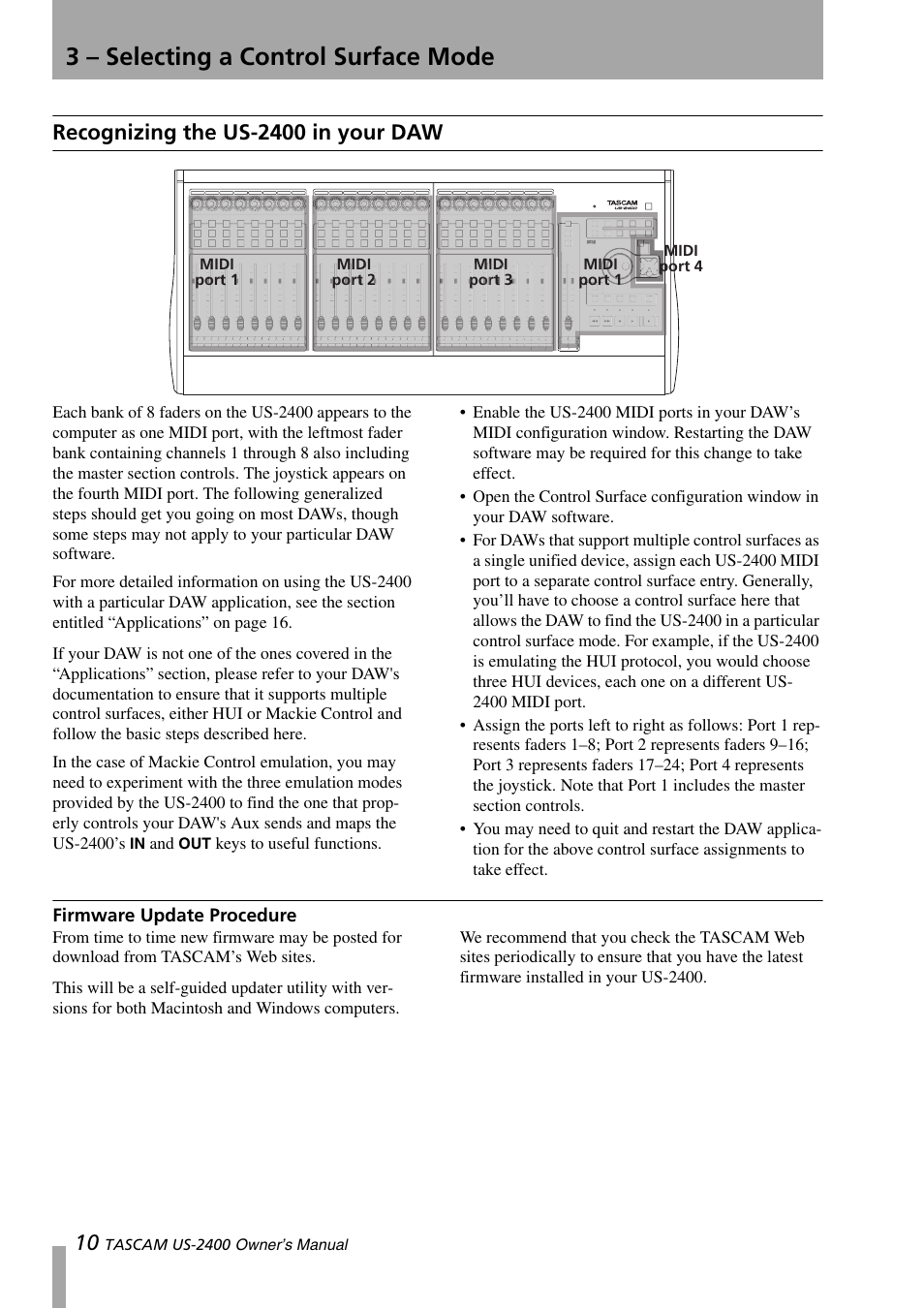 Recognizing the us-2400 in your daw, Firmware update procedure, 3 – selecting a control surface mode | Teac US-2400 User Manual | Page 10 / 24