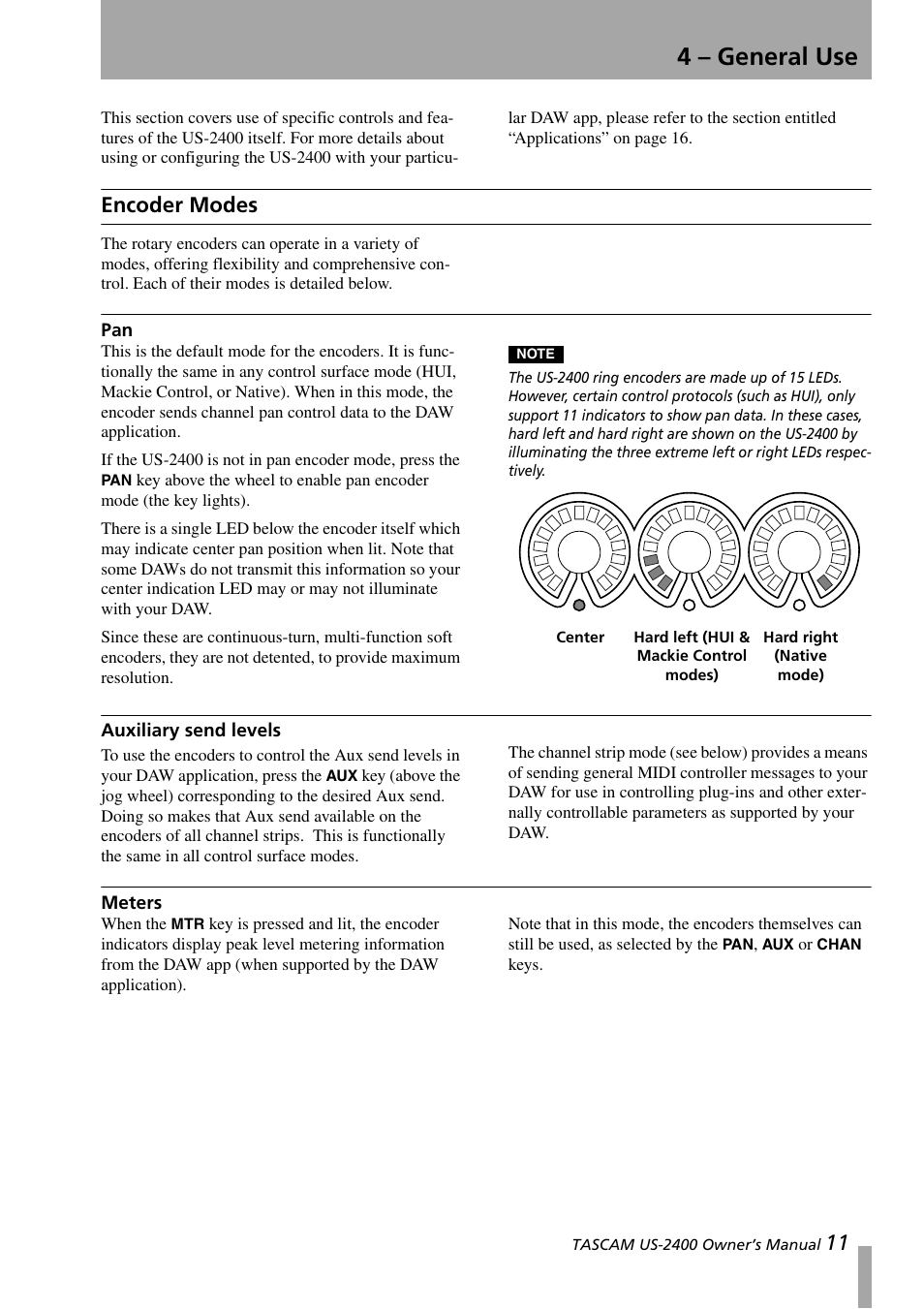 4 - general use, Encoder modes, Auxiliary send levels | Meters, 4 – general use, Pan auxiliary send levels meters | Teac US-2400 User Manual | Page 11 / 24