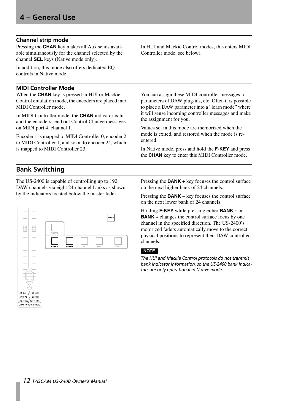 Channel strip mode, Midi controller mode, Bank switching | Channel strip mode midi controller mode, 4 – general use | Teac US-2400 User Manual | Page 12 / 24