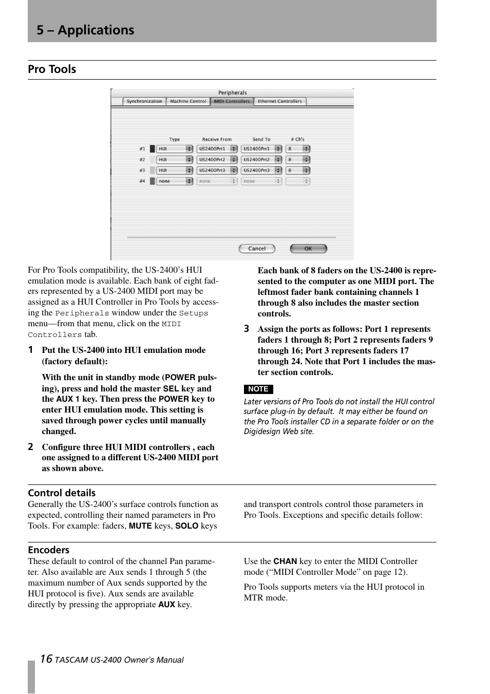 5 - applications, Pro tools, Control details | Encoders, 5 – applications, Control details encoders | Teac US-2400 User Manual | Page 16 / 24