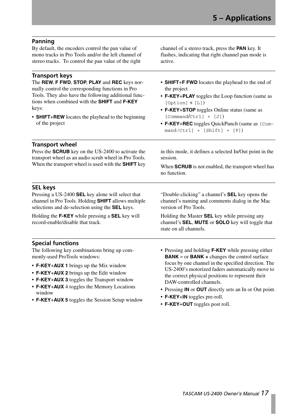 Panning, Transport keys, Transport wheel | Sel keys, Special functions, 5 – applications | Teac US-2400 User Manual | Page 17 / 24