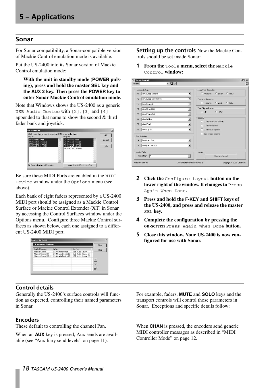 Sonar, Setting up the controls, Control details | Encoders, Control details encoders, 5 – applications | Teac US-2400 User Manual | Page 18 / 24