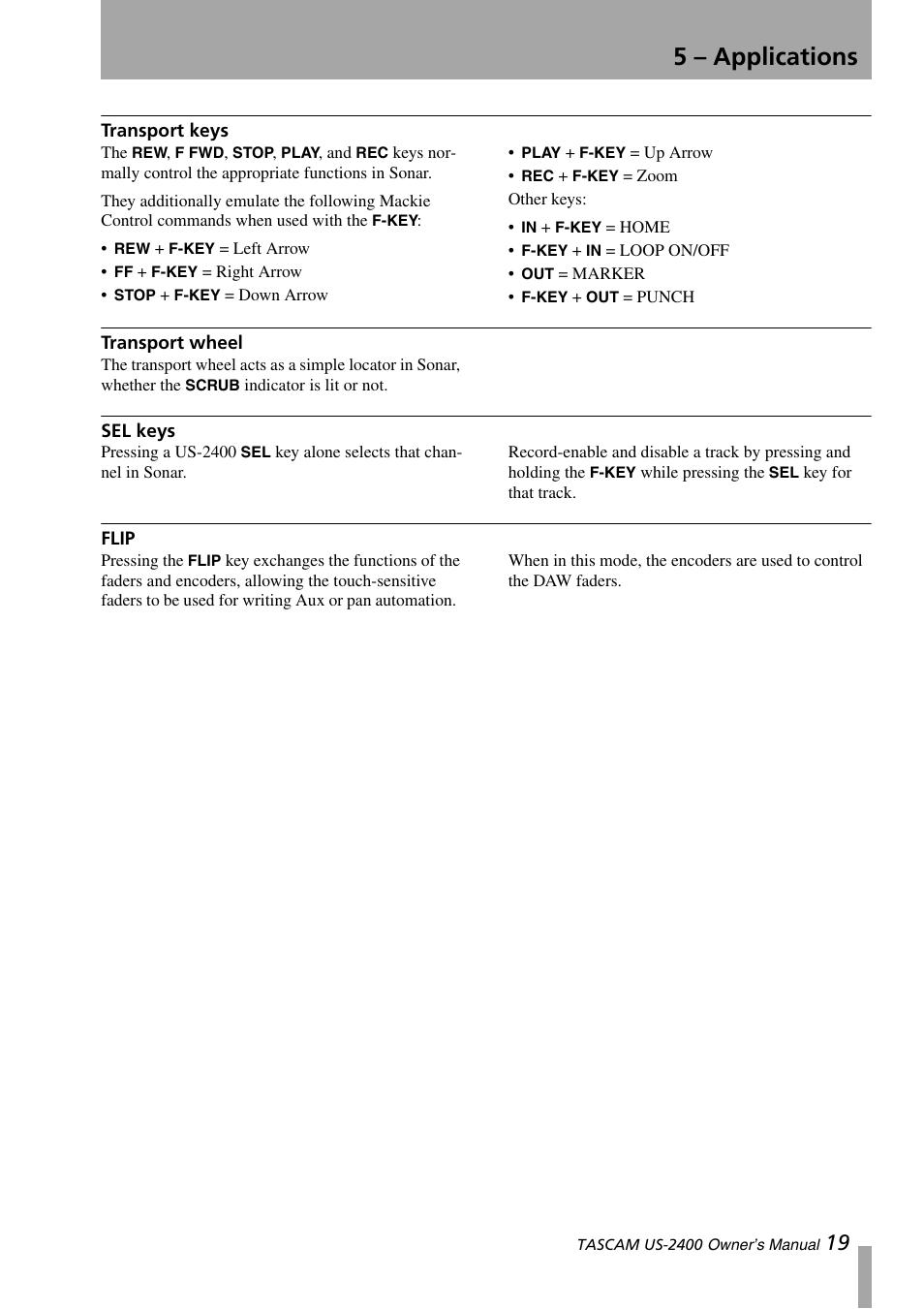 Transport keys, Transport wheel, Sel keys | Flip, Transport keys transport wheel sel keys flip, 5 – applications | Teac US-2400 User Manual | Page 19 / 24