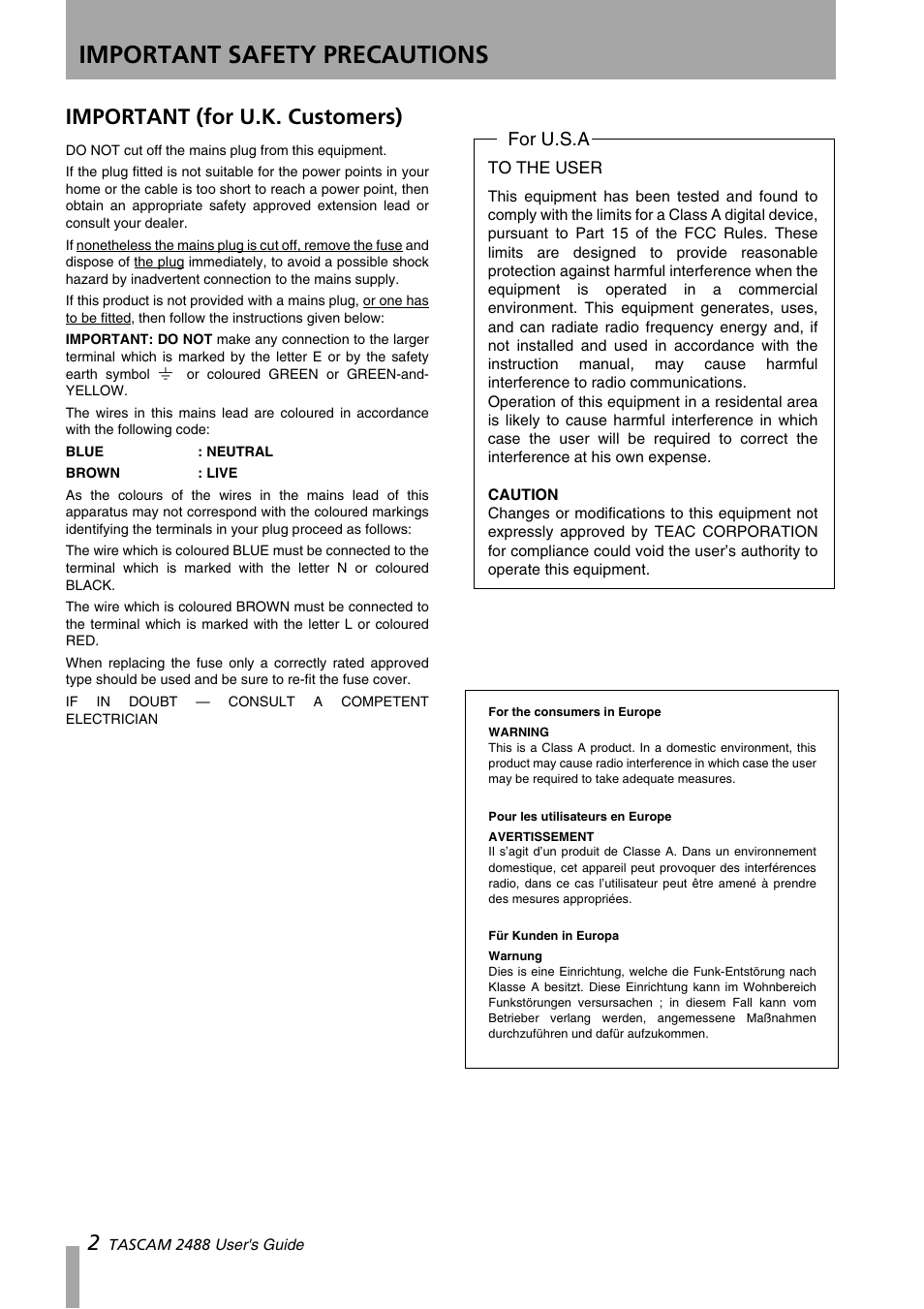 Important safety precautions, Important (for u.k. customers), For u.s.a | Teac US-2400 User Manual | Page 2 / 24