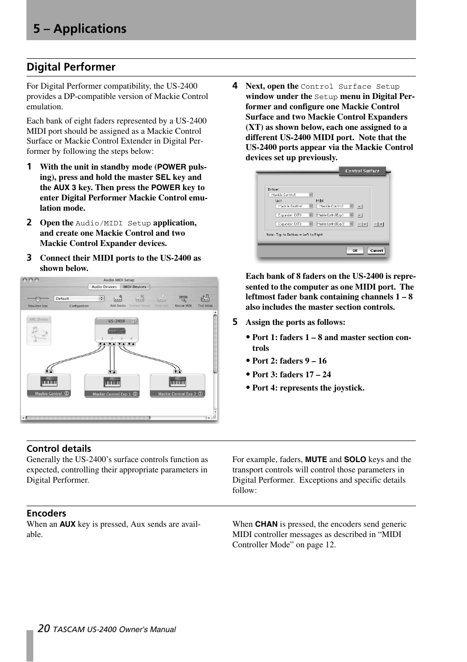 Digital performer, Control details, Encoders | Control details encoders, 5 – applications | Teac US-2400 User Manual | Page 20 / 24