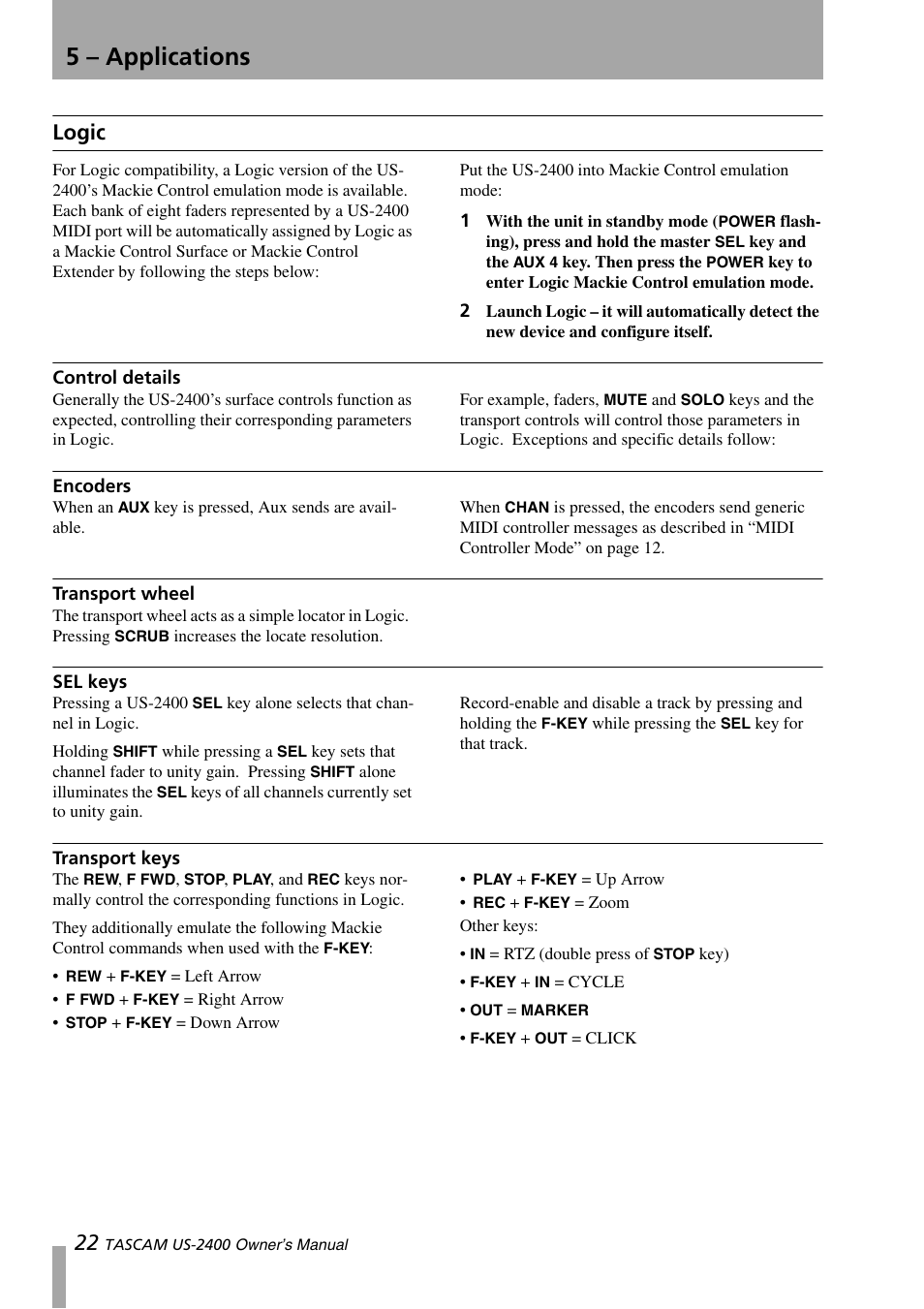 Logic, Control details, Encoders | Transport wheel, Sel keys, Transport keys, 5 – applications | Teac US-2400 User Manual | Page 22 / 24