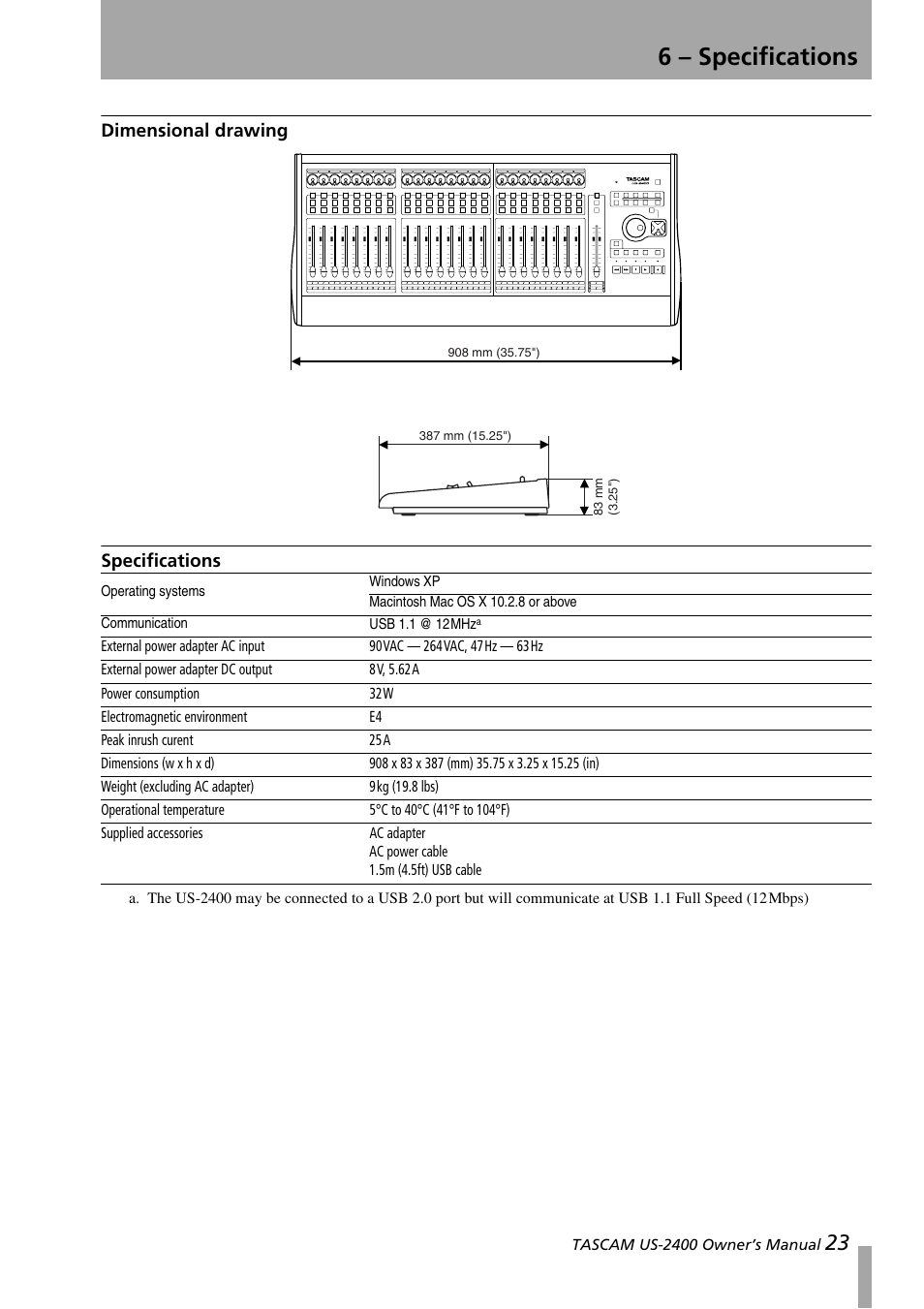 6 - specifications, Dimensional drawing, Specifications | 6 – specifications, Dimensional drawing specifications | Teac US-2400 User Manual | Page 23 / 24