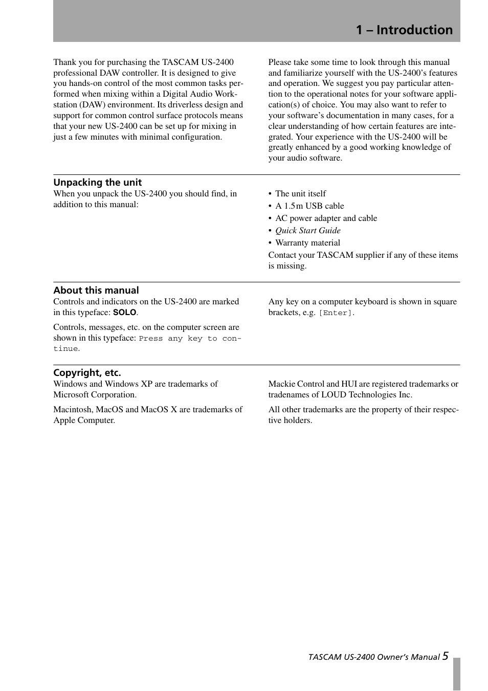 1 - introduction, Unpacking the unit, About this manual | Copyright, etc, 1 – introduction | Teac US-2400 User Manual | Page 5 / 24