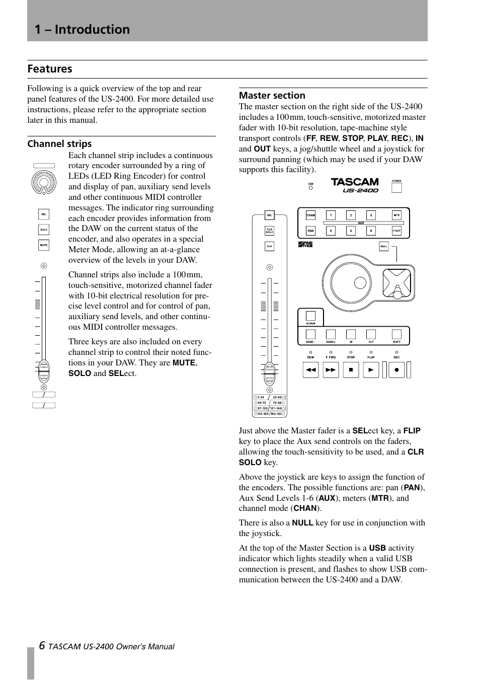 Features, Channel strips, Master section | Channel strips master section, 1 – introduction | Teac US-2400 User Manual | Page 6 / 24