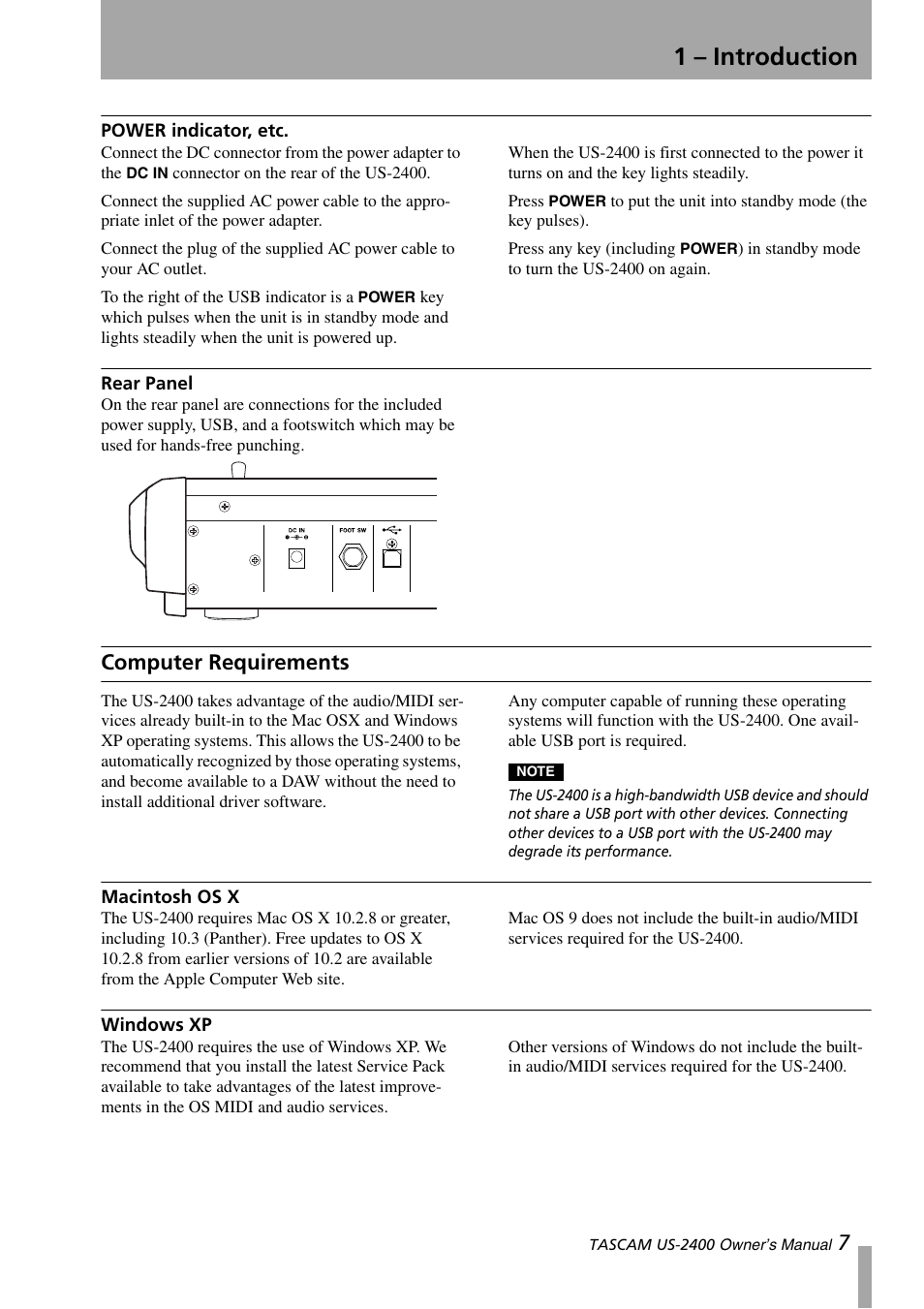 Power indicator, etc, Rear panel, Computer requirements | Macintosh os x, Windows xp, Power indicator, etc. rear panel, Macintosh os x windows xp, 1 – introduction | Teac US-2400 User Manual | Page 7 / 24