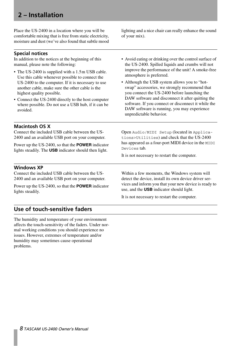 2 - installation, Special notices, Macintosh os x | Windows xp, Use of touch-sensitive faders, 2 – installation, Special notices macintosh os x windows xp | Teac US-2400 User Manual | Page 8 / 24