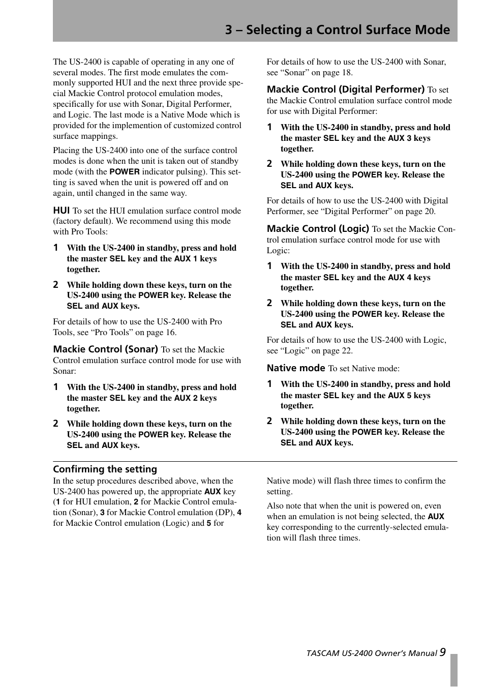 3 - selecting a control surface mode, Mackie control (sonar), Mackie control (digital performer) | Mackie control (logic), Native mode, Confirming the setting, 3 – selecting a control surface mode | Teac US-2400 User Manual | Page 9 / 24