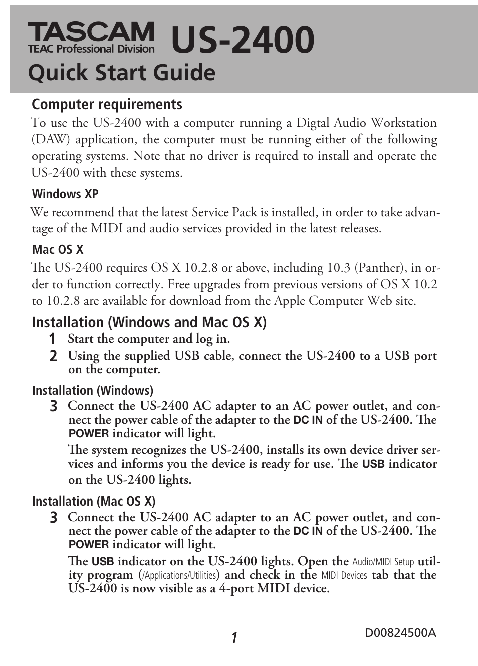 Teac US-2400 Quick Start User Manual | 4 pages