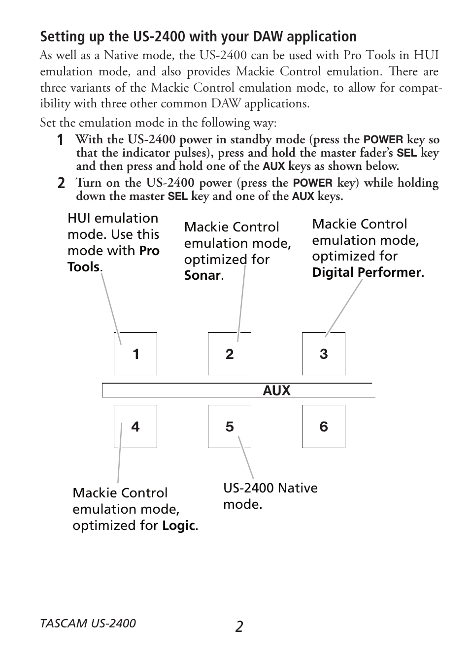 Setting up the us-2400 with your daw application | Teac US-2400 Quick Start User Manual | Page 2 / 4