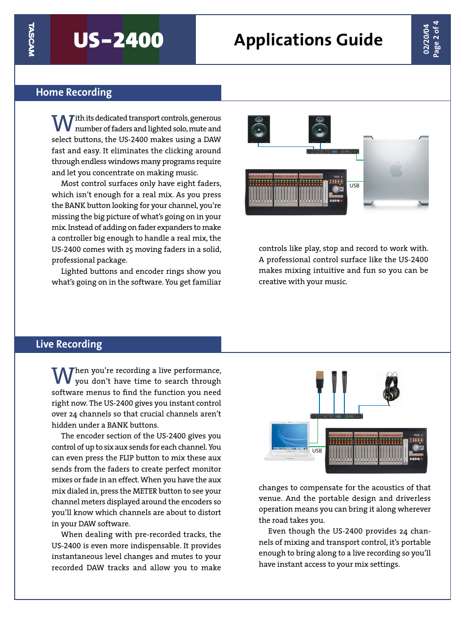 Us-2400, Applications guide, Home recording live recording | Teac US-2400 Applications Guide User Manual | Page 2 / 4