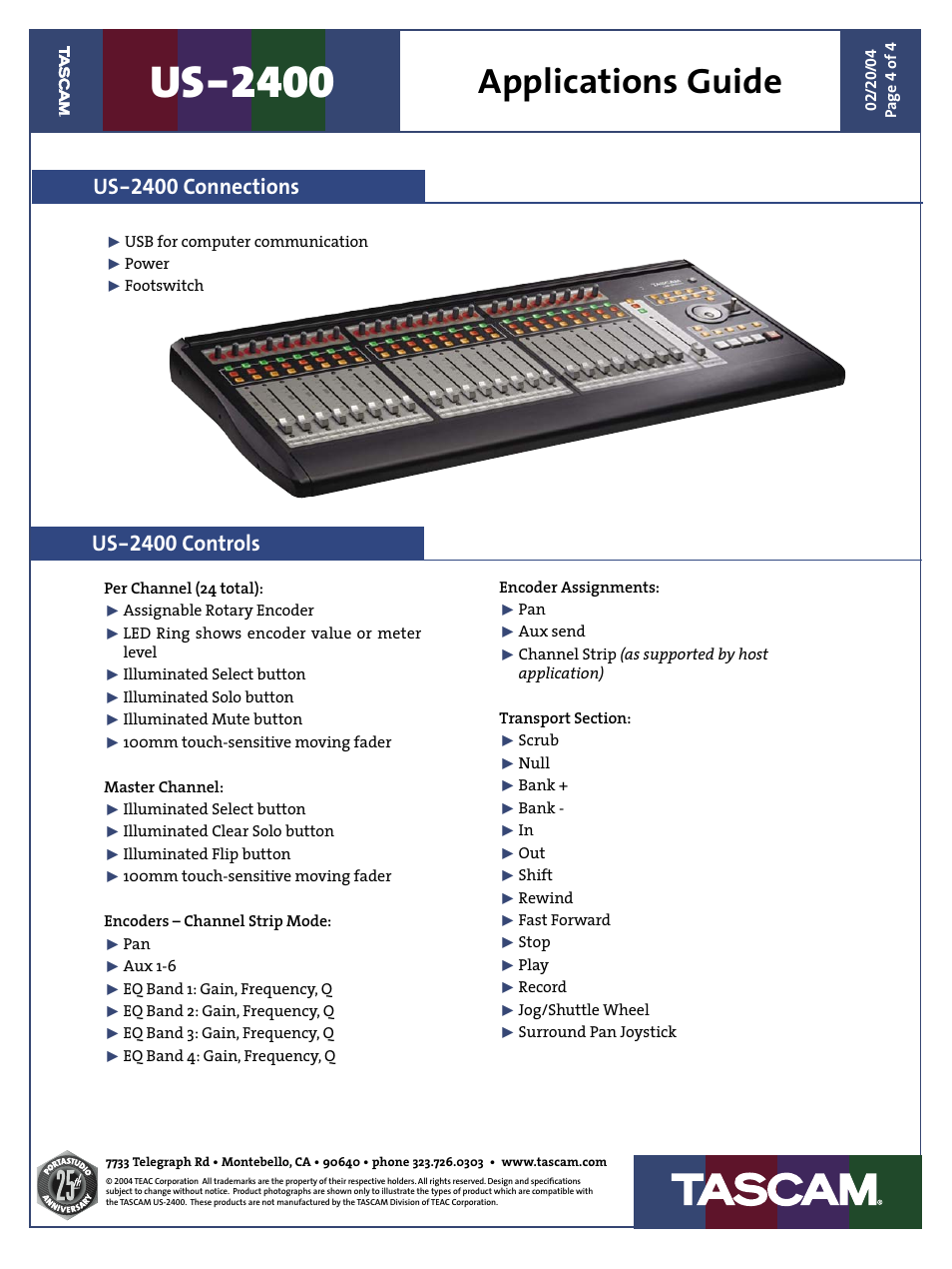 Us-2400, Applications guide, Us-2400 connections | Us-2400 controls | Teac US-2400 Applications Guide User Manual | Page 4 / 4