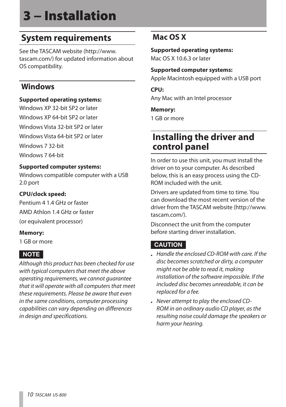 3 − installation, System requirements, Windows | Mac os x, Installing the driver and control panel, Windows mac os x, Installing the driver and control panel 10 | Teac US-800 User Manual | Page 10 / 40