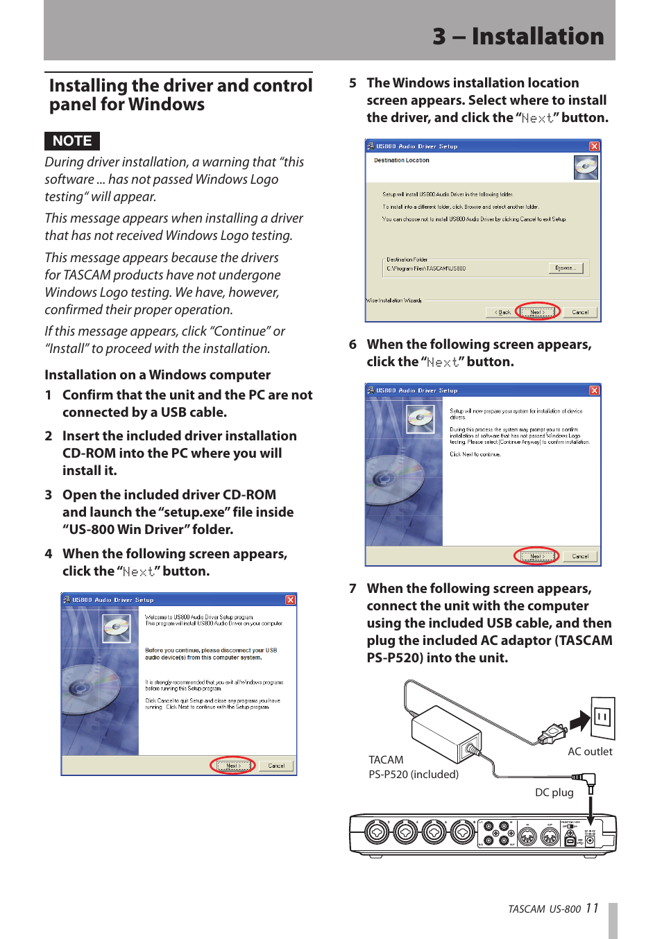 3 − installation | Teac US-800 User Manual | Page 11 / 40