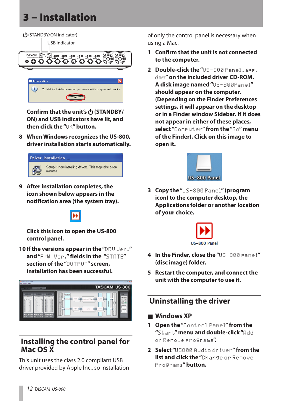 Installing the control panel for mac os x, Uninstalling the driver, Installing the control panel for | Mac os x uninstalling the driver, 3 − installation | Teac US-800 User Manual | Page 12 / 40