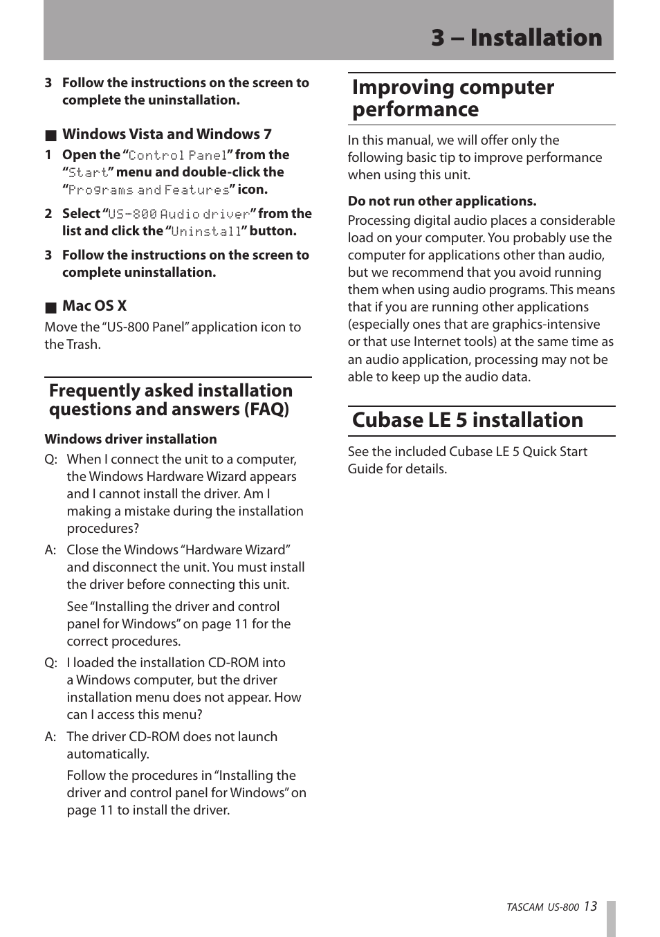 Improving computer performance, Cubase le 5 installation, 3 − installation | Teac US-800 User Manual | Page 13 / 40