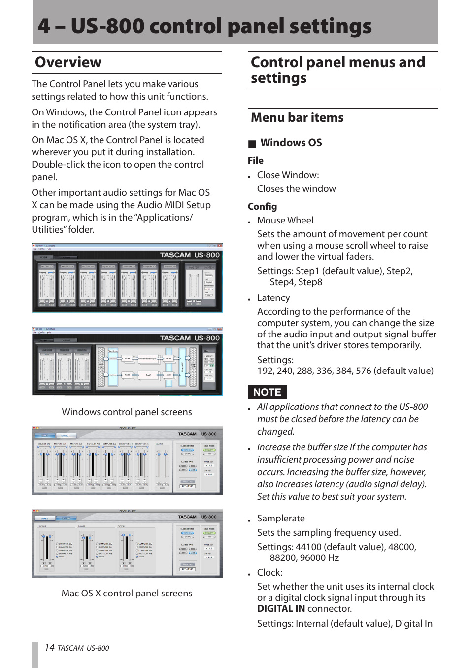 4 – us-800 control panel settings, Overview, Control panel menus and settings | Menu bar items, Overview control panel menus and settings | Teac US-800 User Manual | Page 14 / 40